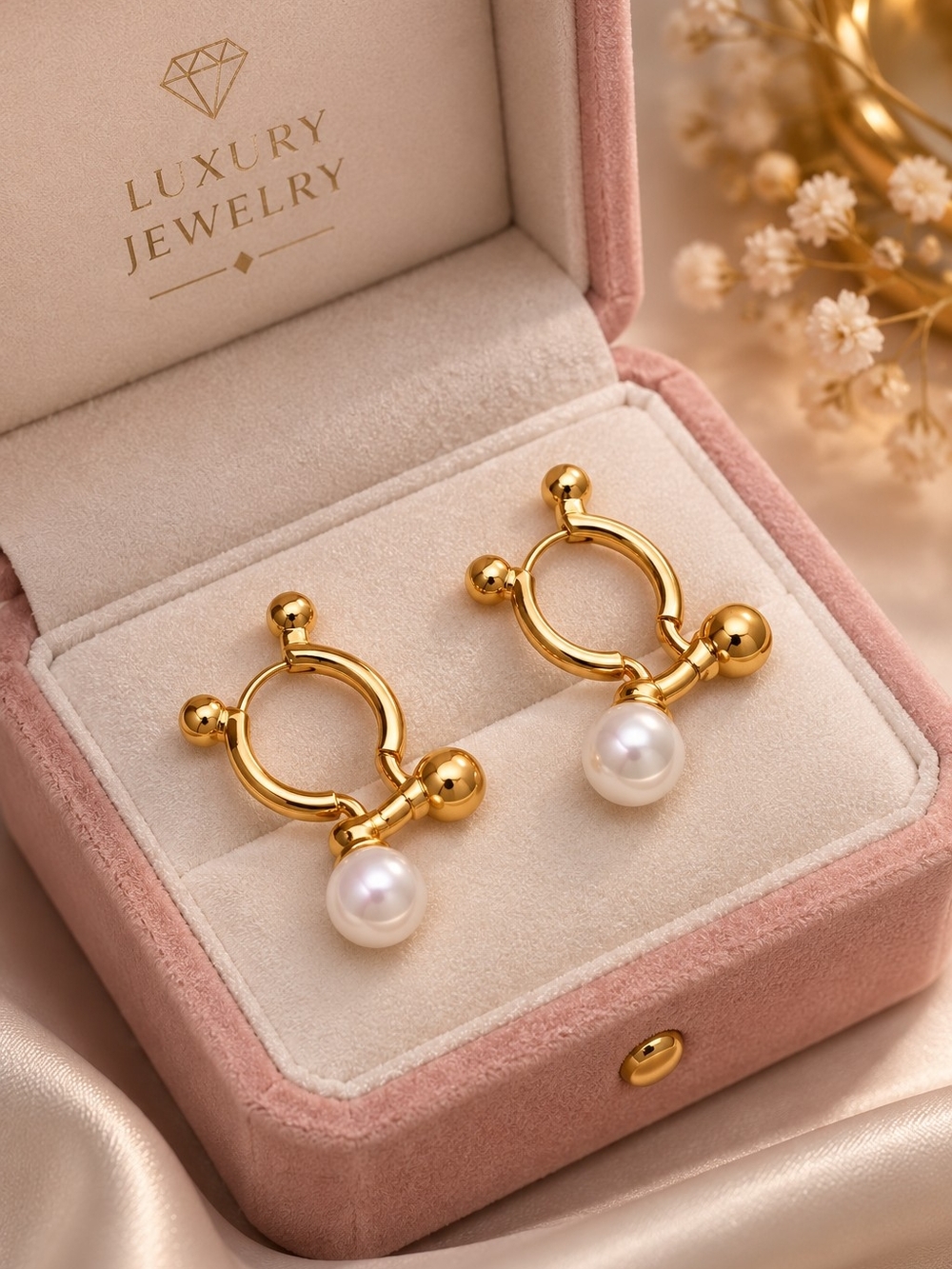 Anthropologie Gold Hoop Earrings with White Pearl Drops